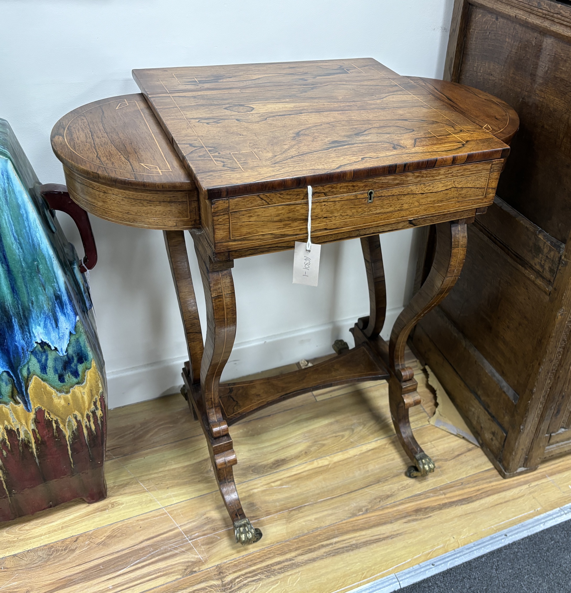 A Regency inlaid rosewood work table, width 73cm, depth 44cm, height 74cm